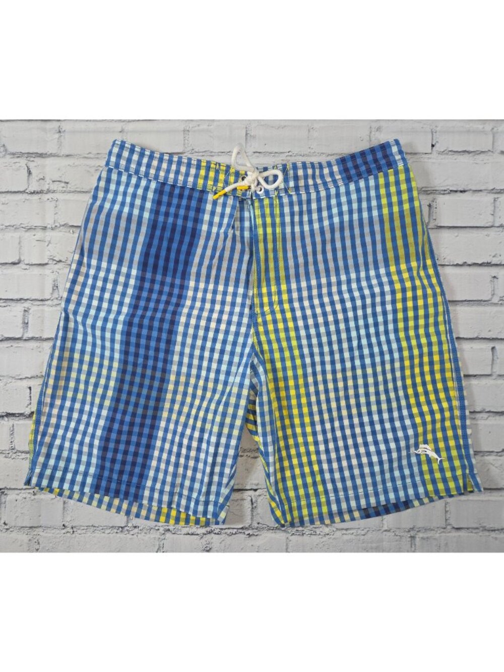 Tommy Bahama Mens Blue & Yellow Plaid Swim Trunks Large Mesh Lined